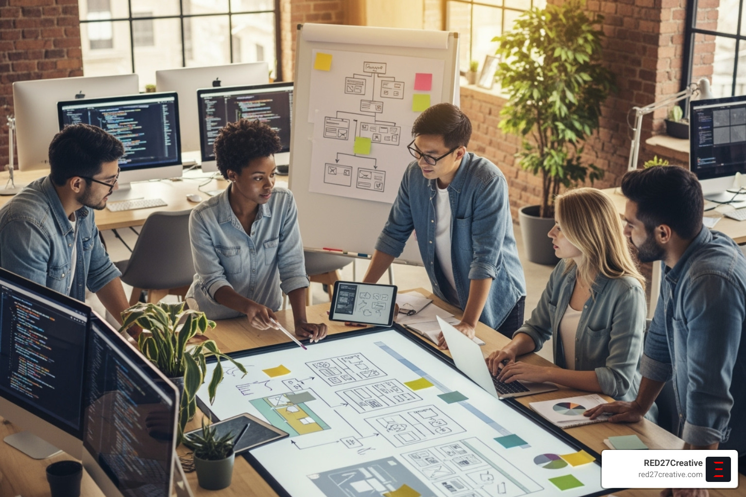 A team collaborating on a web design project on a whiteboard. - Web design tech companies A team collaborating on a web design project on a whiteboard. - Web design tech companies