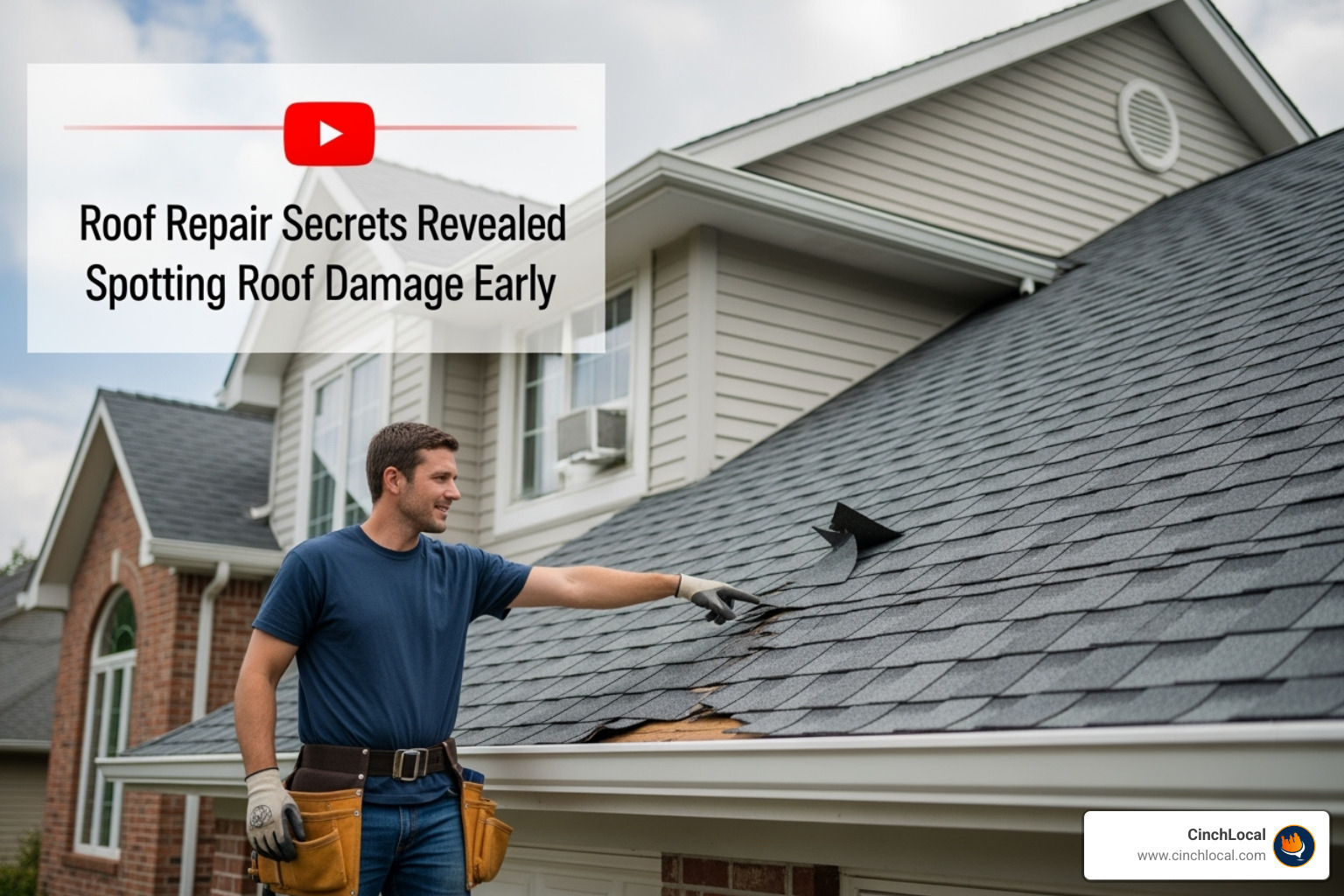 A roofer in a YouTube video thumbnail explaining how to spot roof damage