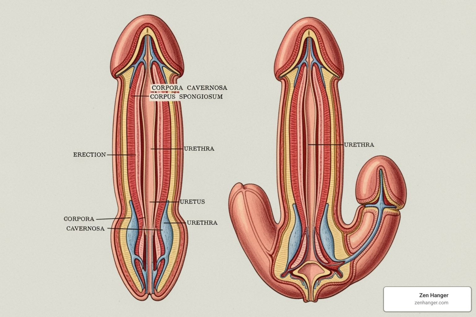 An illustration showing the difference between a natural erection and one with the 'hinge effect' at the base - penis pump complications