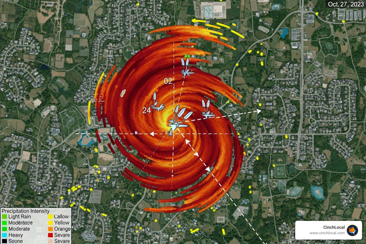 A weather map showing a storm's path over a residential neighborhood, ideal for targeted roofer outreach