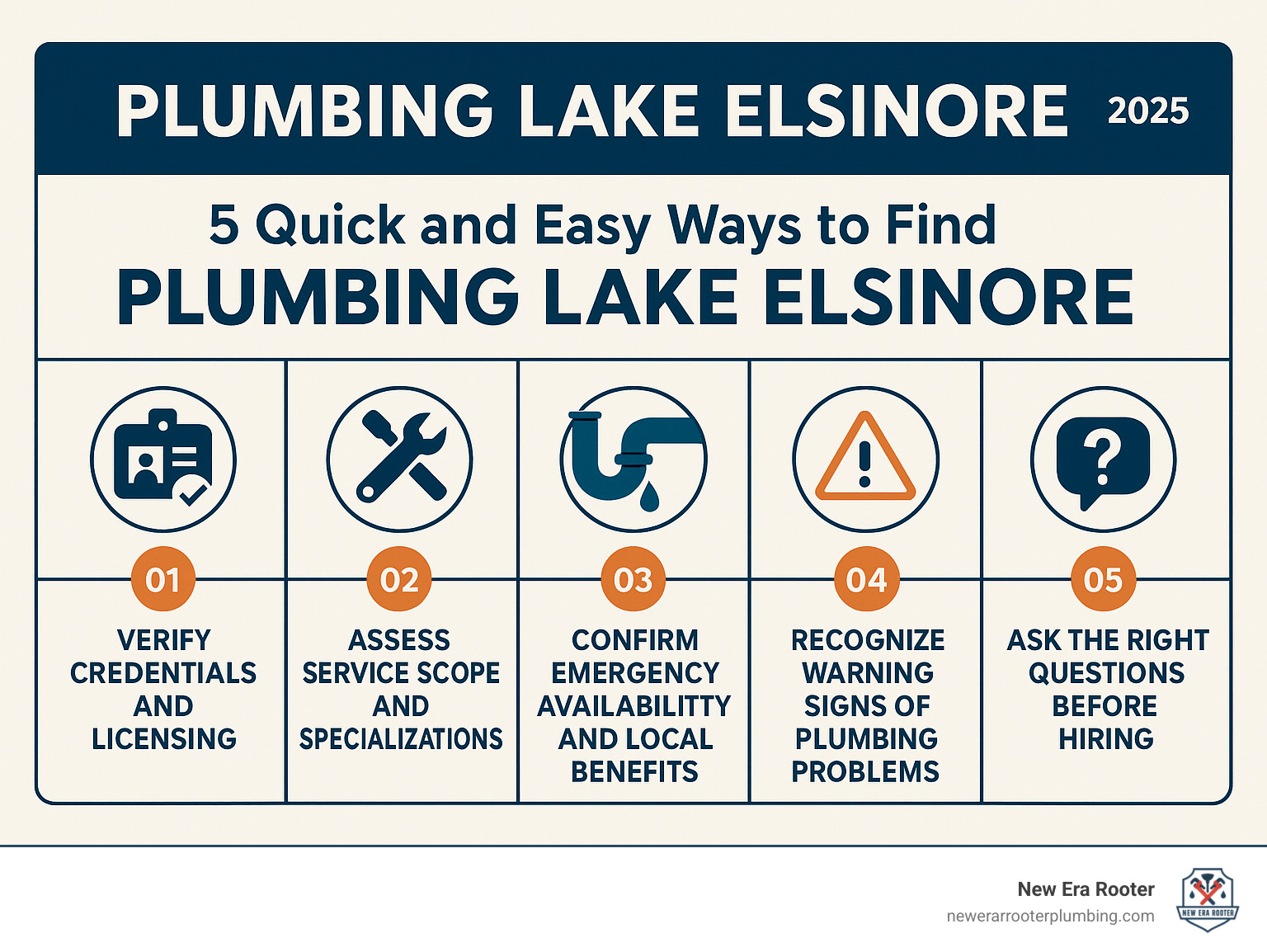Comprehensive guide showing the 5 essential steps to find reliable plumbing services in Lake Elsinore: verify credentials and licensing, assess service scope and specializations, confirm emergency availability and local benefits, recognize warning signs of plumbing problems, and ask the right questions before hiring - Plumbing Lake Elsinore infographic Comprehensive guide showing the 5 essential steps to find reliable plumbing services in Lake Elsinore: verify credentials and licensing, assess service scope and specializations, confirm emergency availability and local benefits, recognize warning signs of plumbing problems, and ask the right questions before hiring - Plumbing Lake Elsinore infographic