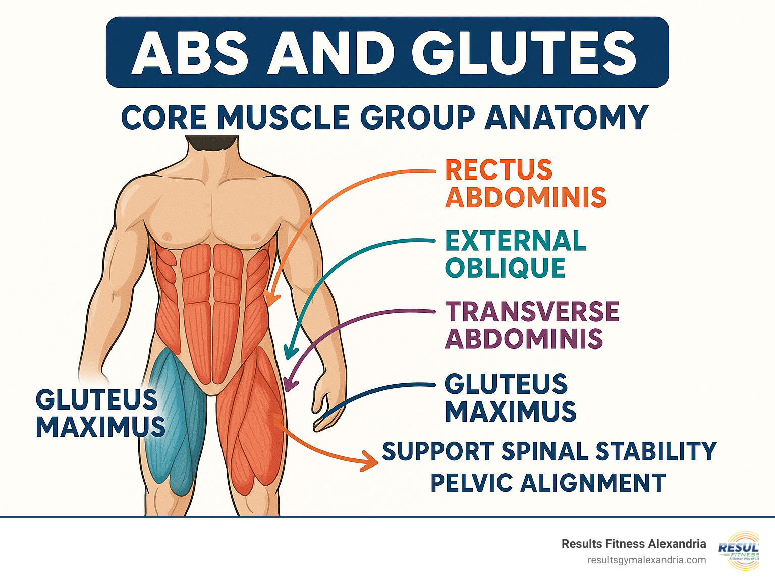 Detailed infographic showing the core muscle group anatomy, including the rectus abdominis, internal and external obliques, transverse abdominis, and the three gluteal muscles (maximus, medius, minimus) with arrows indicating how they connect to support spinal stability and pelvic alignment - Abs and glutes infographic Detailed infographic showing the core muscle group anatomy, including the rectus abdominis, internal and external obliques, transverse abdominis, and the three gluteal muscles (maximus, medius, minimus) with arrows indicating how they connect to support spinal stability and pelvic alignment - Abs and glutes infographic
