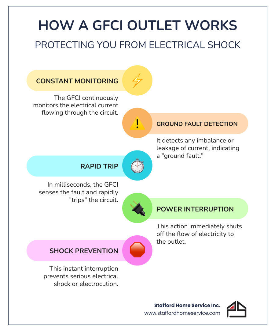 infographic explaining how a gfci outlet detects a ground fault and trips the circuit - outdoor gfci outlet installation infographic infographic-line-5-steps-colors