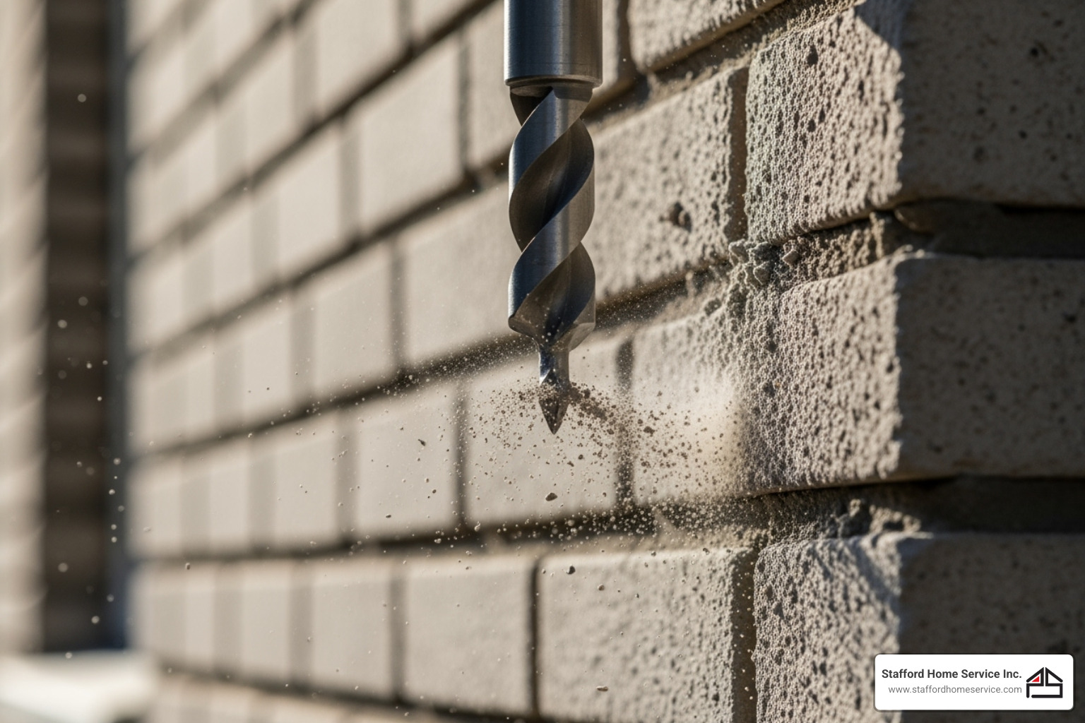 drill bit going through an exterior wall at a slight downward angle - outdoor gfci outlet installation