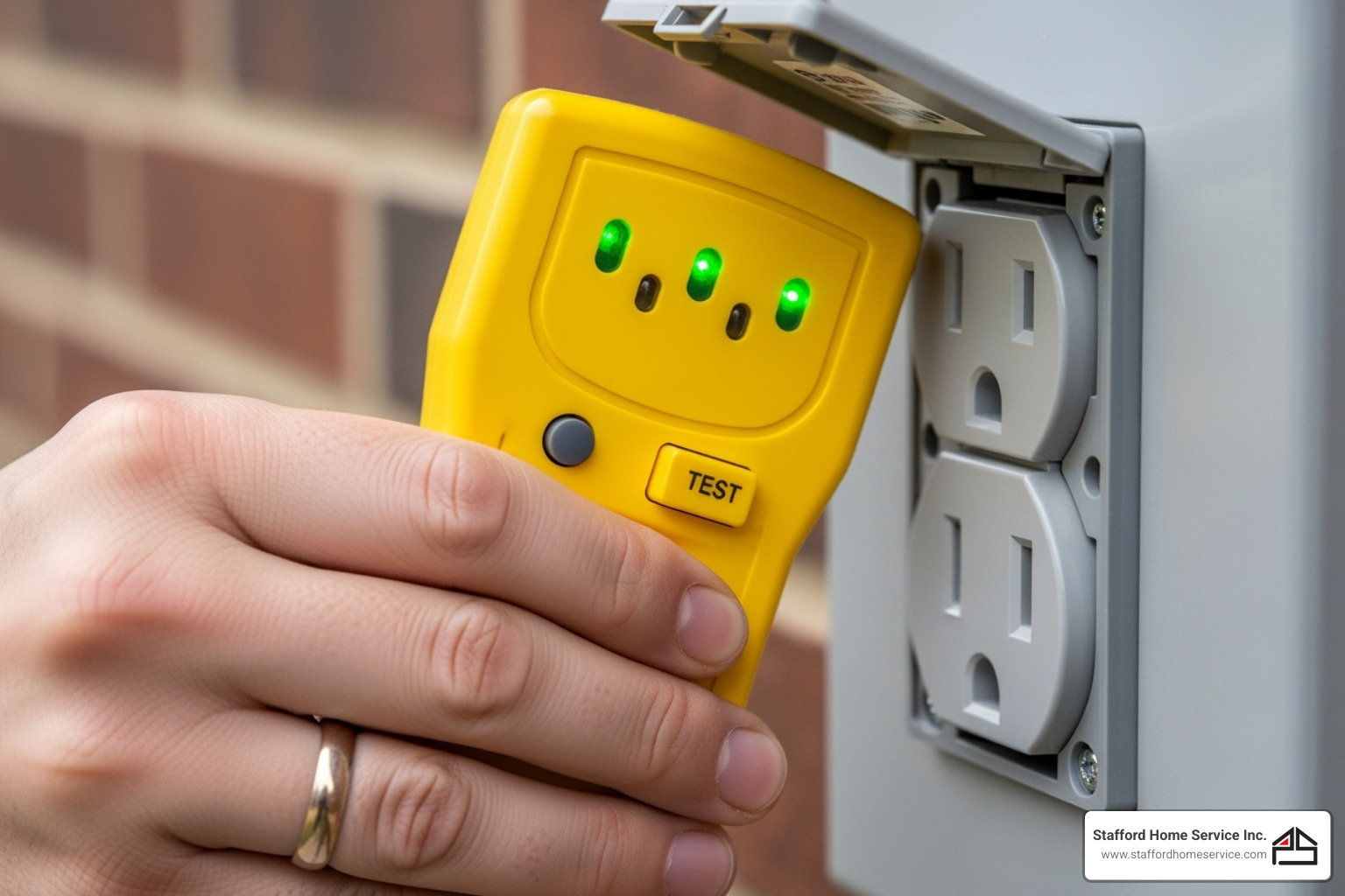 hand plugging a gfci tester into the newly installed outdoor outlet - outdoor gfci outlet installation