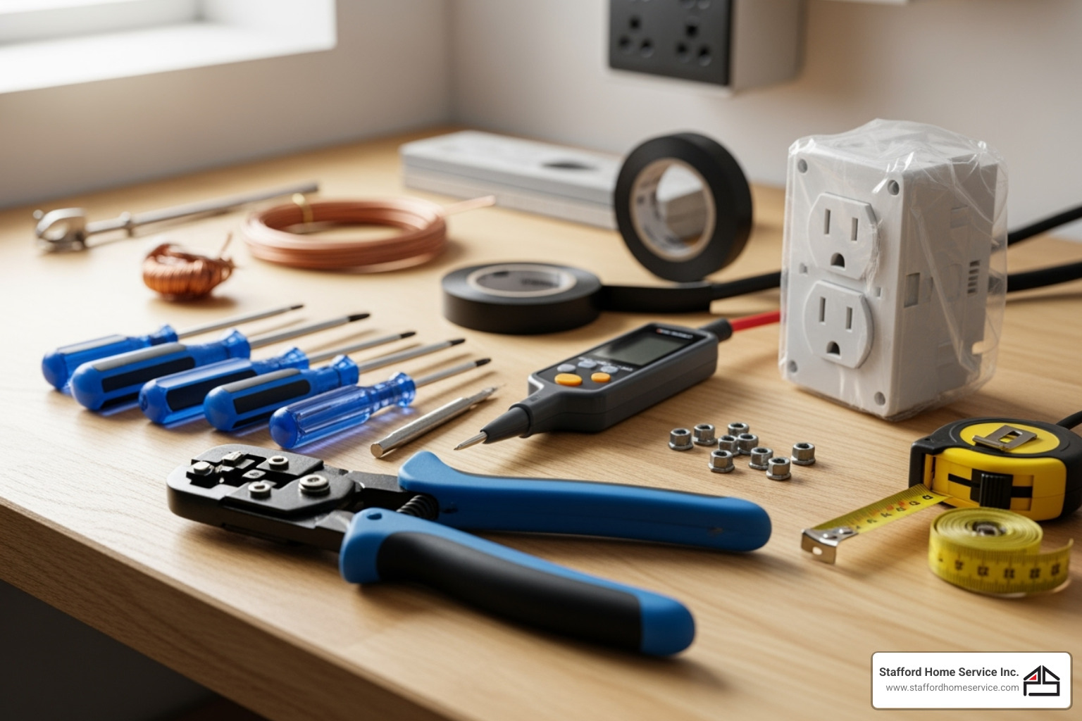 necessary tools and materials neatly arranged on a workbench - outdoor gfci outlet installation