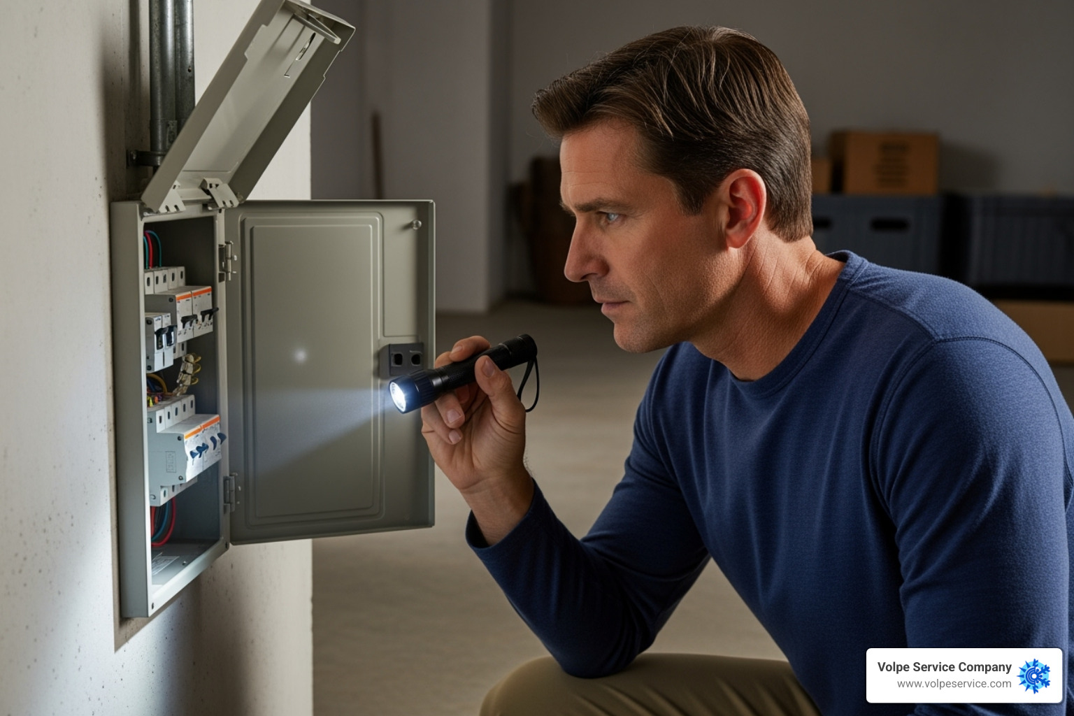 Homeowner safely checking their home's circuit breaker panel - Emergency AC repair Chester