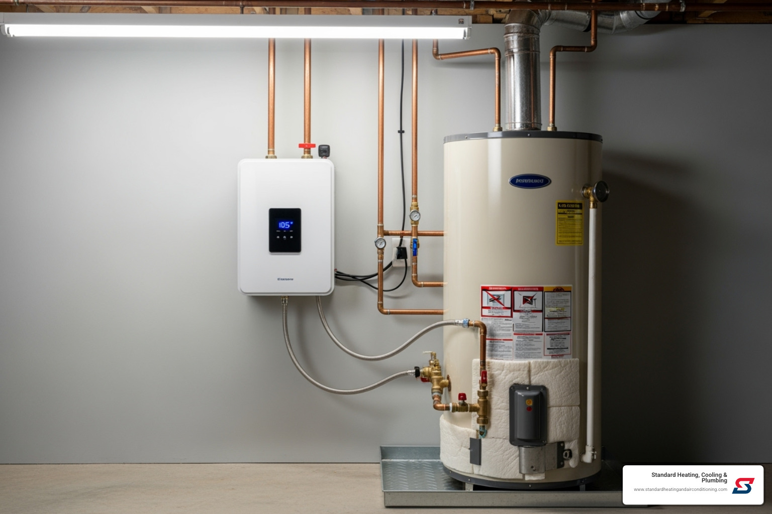 Compact, wall-mounted tankless water heater next to a traditional tank model, highlighting the size difference - Water Heater Birmingham AL