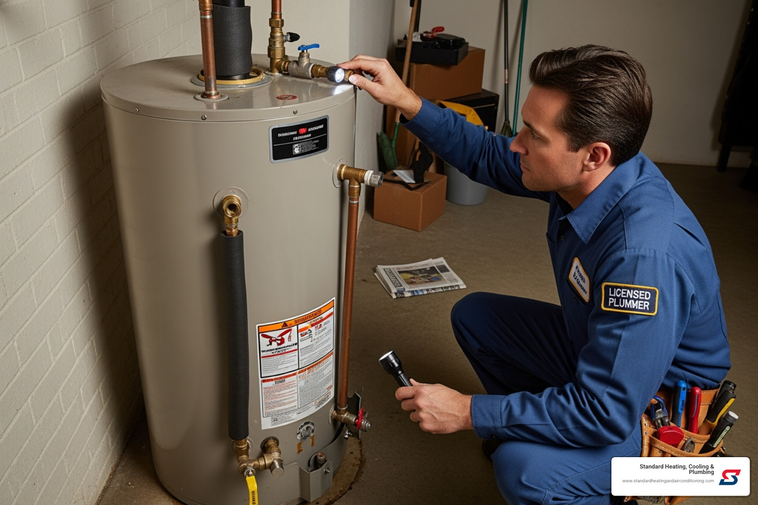Licensed plumber inspecting an older water heater, checking connections and components - Water Heater Birmingham AL