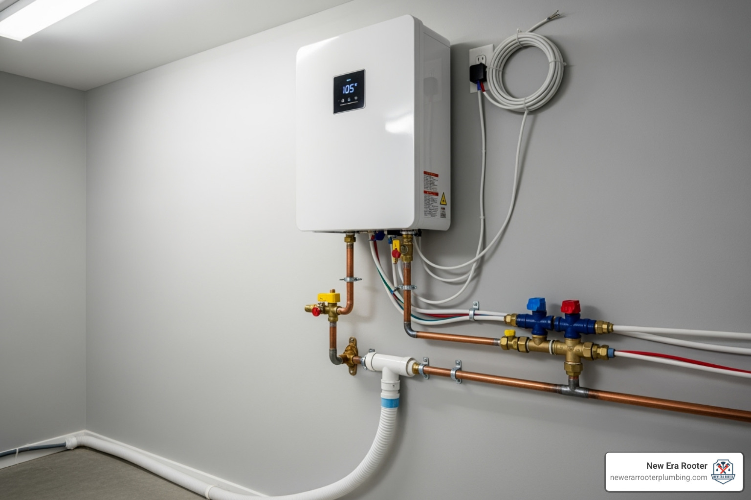 newly installed tankless water heater on a wall - free estimate plumbing