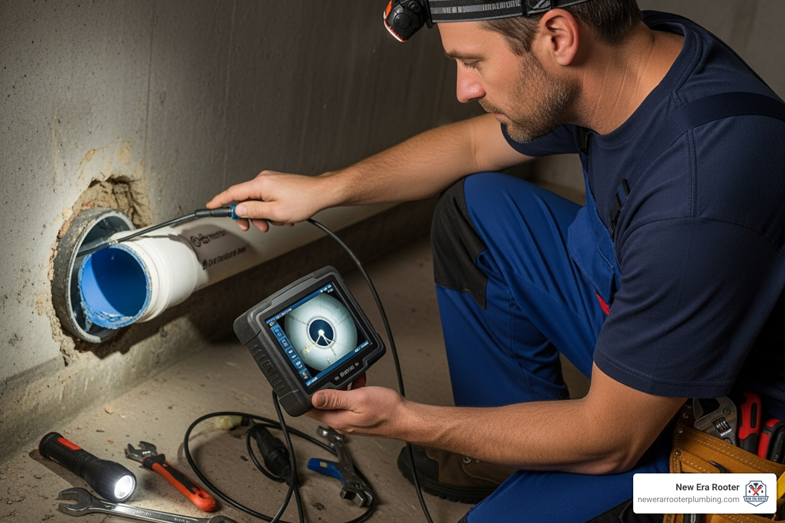 plumber using a diagnostic camera inside a pipe - free estimate plumbing