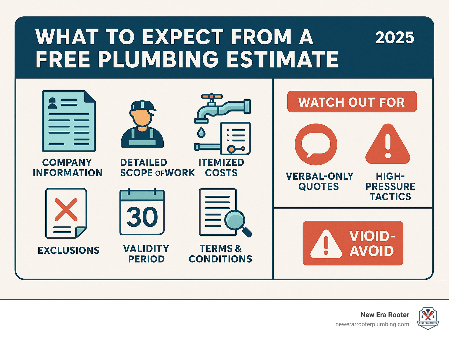 Comprehensive infographic showing the essential components of a professional plumbing estimate including company information, detailed scope of work, itemized costs for labor and materials, exclusions, validity period, terms and conditions, plus red flags to avoid like verbal-only quotes and high-pressure tactics - free estimate plumbing infographic 