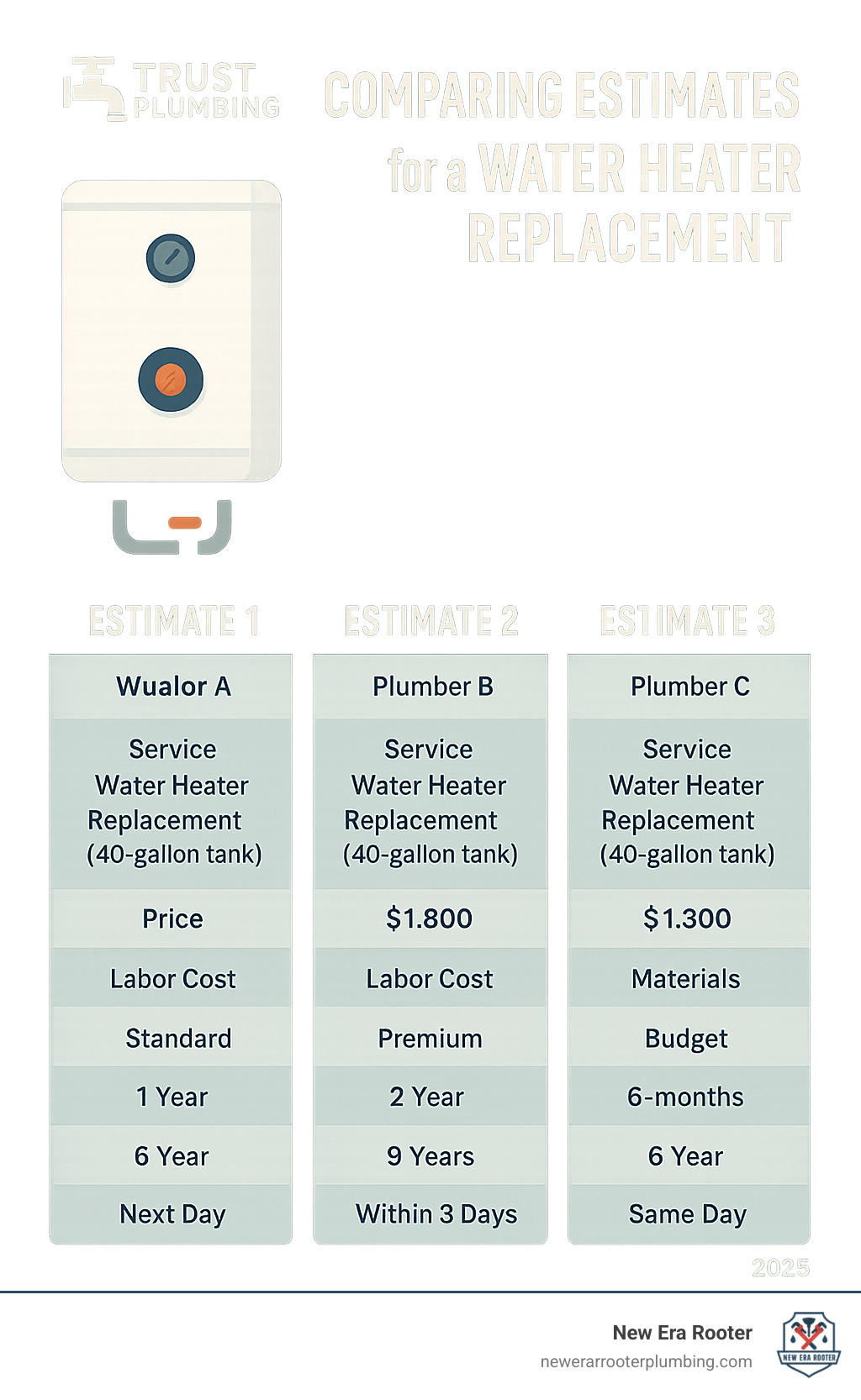 table comparing three hypothetical estimates for a water heater replacement - free estimate plumbing infographic 