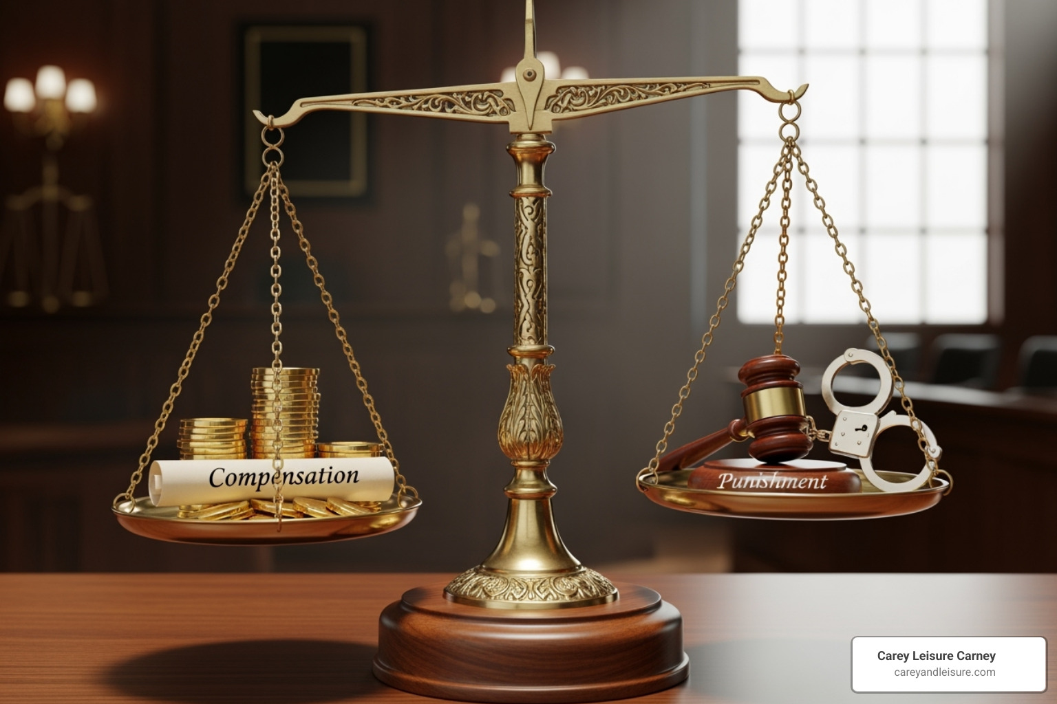 A scale balancing "Compensation" on one side and "Punishment" on the other, symbolizing the two distinct purposes of damages in personal injury law. - drunk driving punitive damages A scale balancing "Compensation" on one side and "Punishment" on the other, symbolizing the two distinct purposes of damages in personal injury law. - drunk driving punitive damages