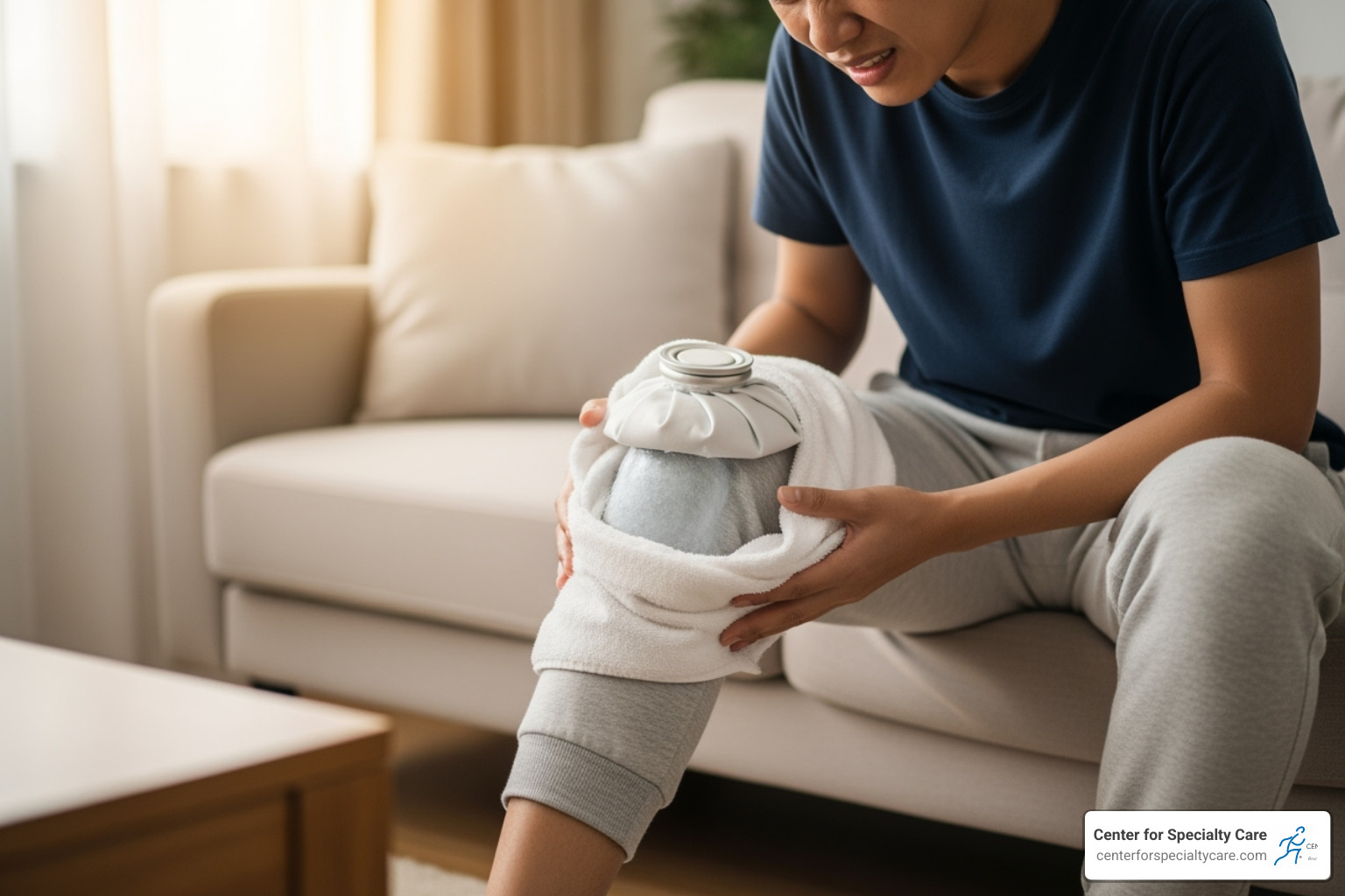 Person correctly applying an ice pack wrapped in a towel to their knee - is heat or ice better for patellar tendonitis Person correctly applying an ice pack wrapped in a towel to their knee - is heat or ice better for patellar tendonitis