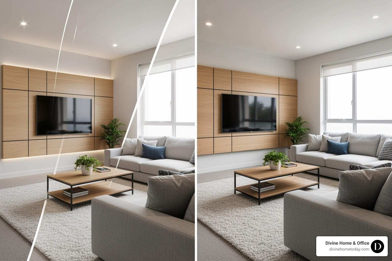 A detailed 3D room rendering next to the final, real-life room photo - online home design consultation