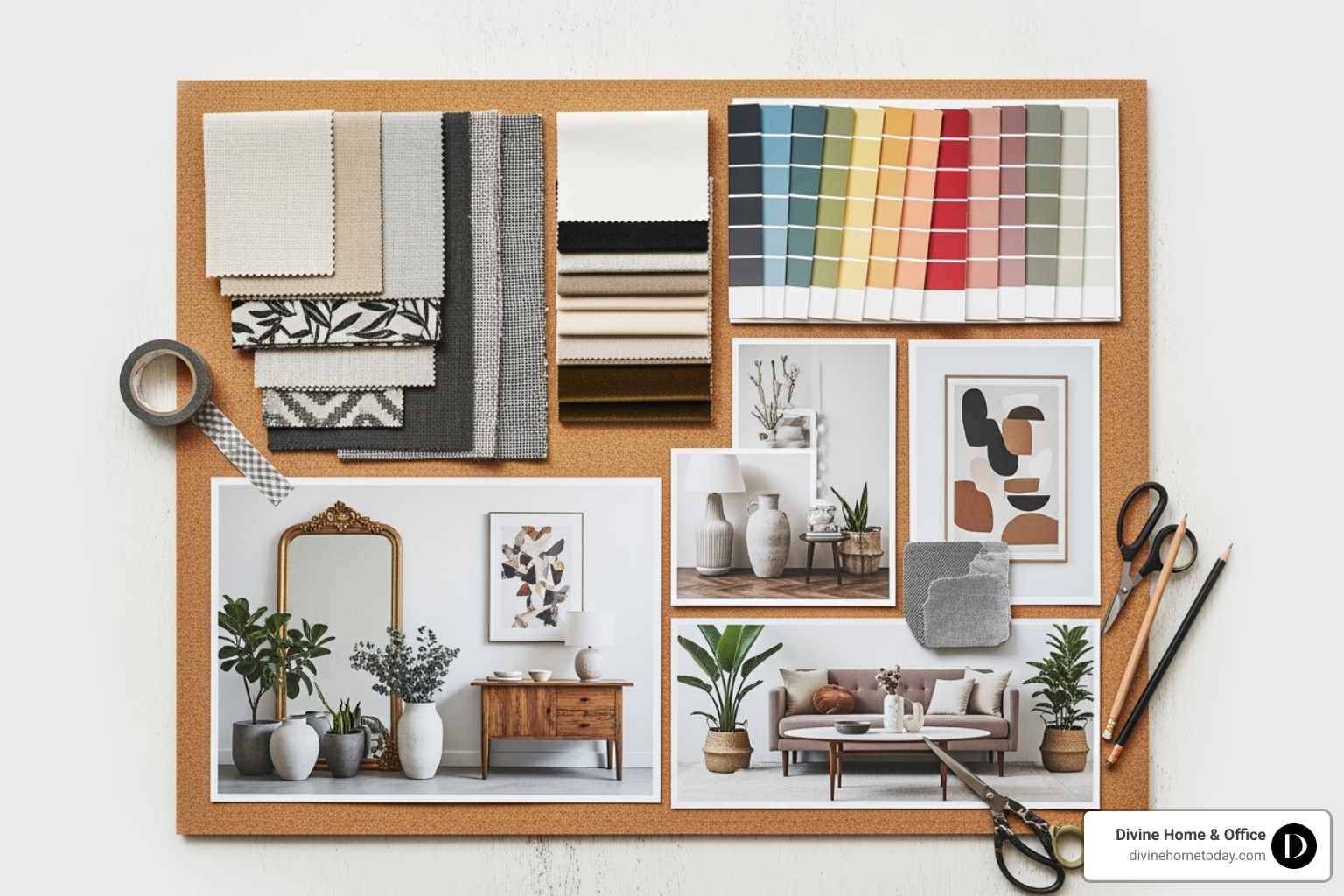 A mood board with fabric swatches, paint chips, and furniture photos - online home design consultation