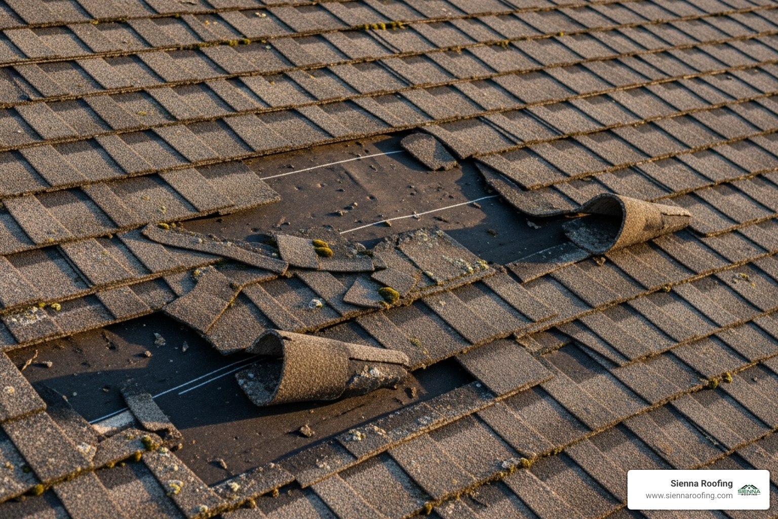 Curled, cracked, and missing asphalt shingles on an old roof - roofing installation services
