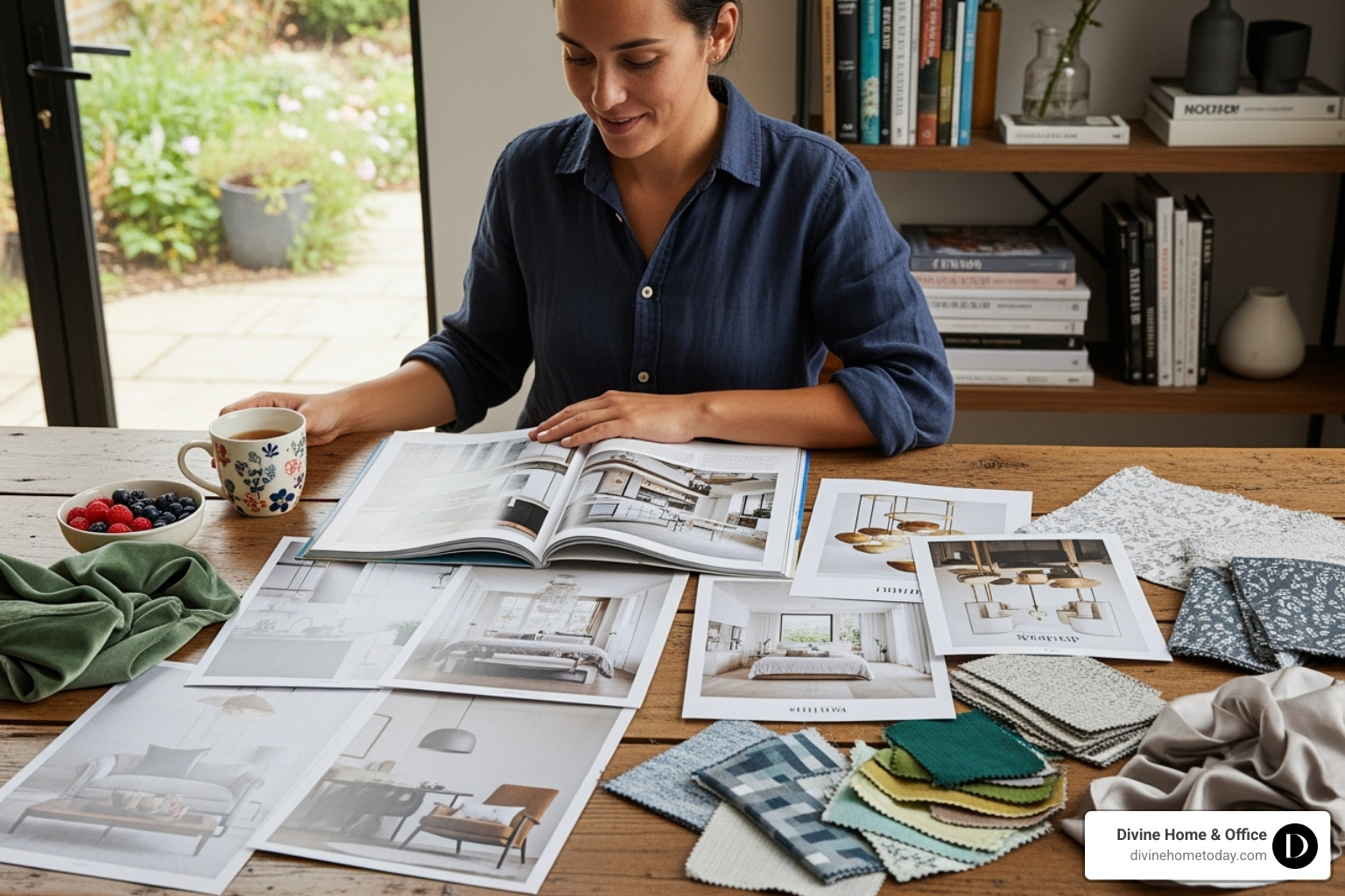 homeowner gathering inspiration photos and fabric swatches - interior design paint consultation