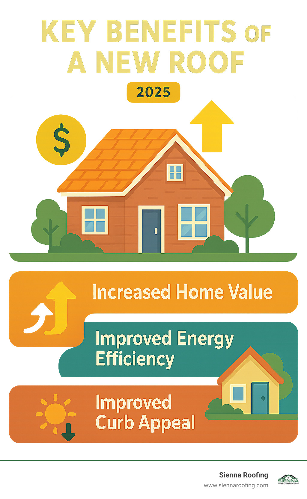 Key benefits of a new roof: increased home value, improved energy efficiency, and improved curb appeal - roofing installation services infographic 