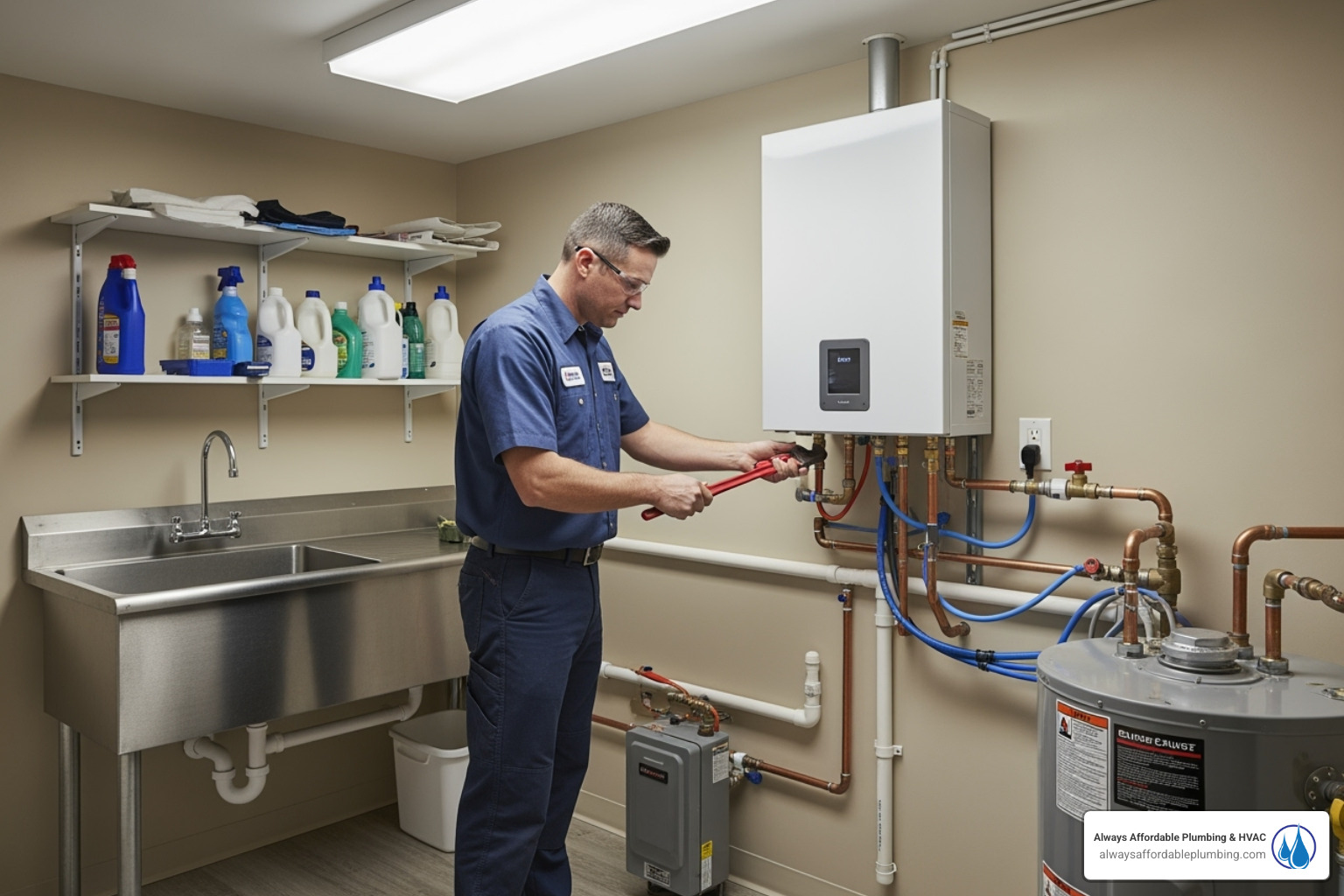 professional plumber installing a tankless unit on a wall - tankless water heater installation elk grove