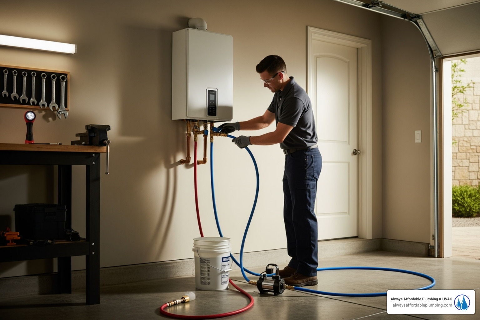 technician flushing a tankless water heater - tankless water heater installation elk grove