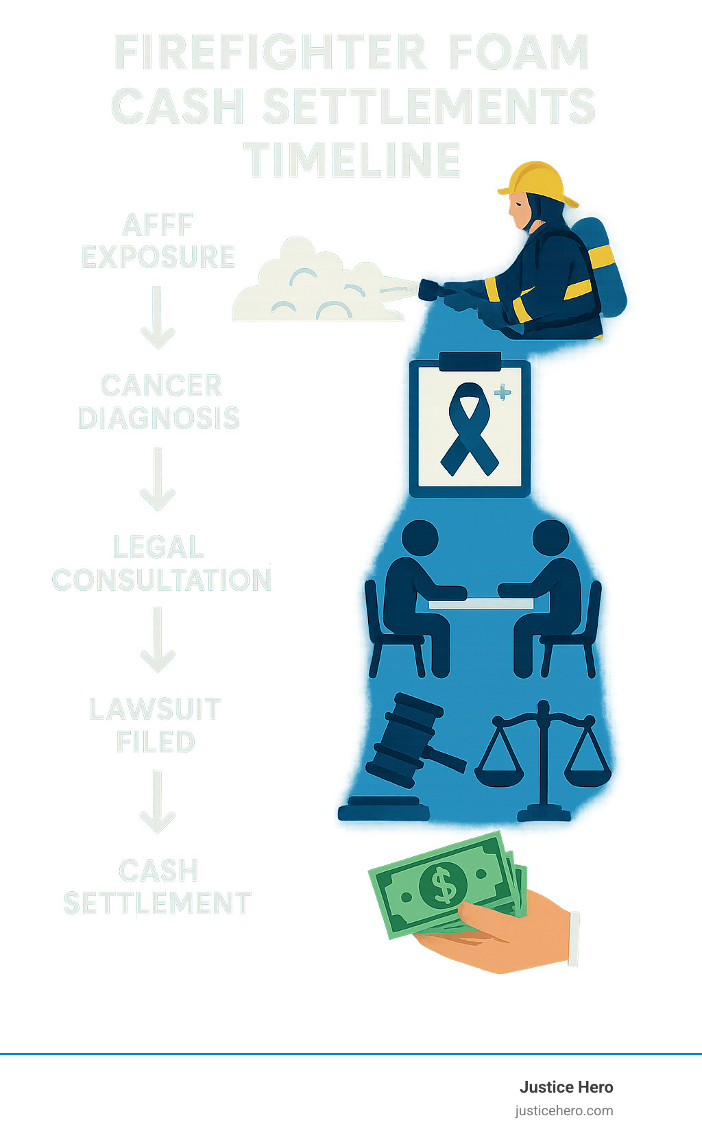 Infographic showing the complete timeline from initial AFFF exposure during firefighting duties through cancer diagnosis, legal consultation, lawsuit filing, bellwether trials, and final cash settlement receipt - firefighter foam cash settlements infographic 