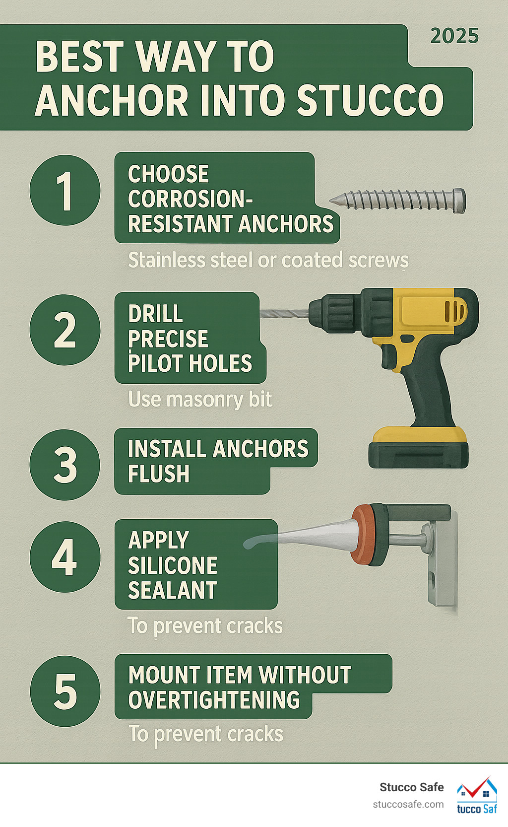Infographic showing 5 key steps for safely anchoring into stucco: 1) Select proper corrosion-resistant anchors based on load weight, 2) Mark location and drill precise pilot holes with masonry bits, 3) Install anchors flush with stucco surface, 4) Apply silicone sealant around fasteners, 5) Mount item without overtightening to prevent cracks - best way to anchor into stucco infographic 
