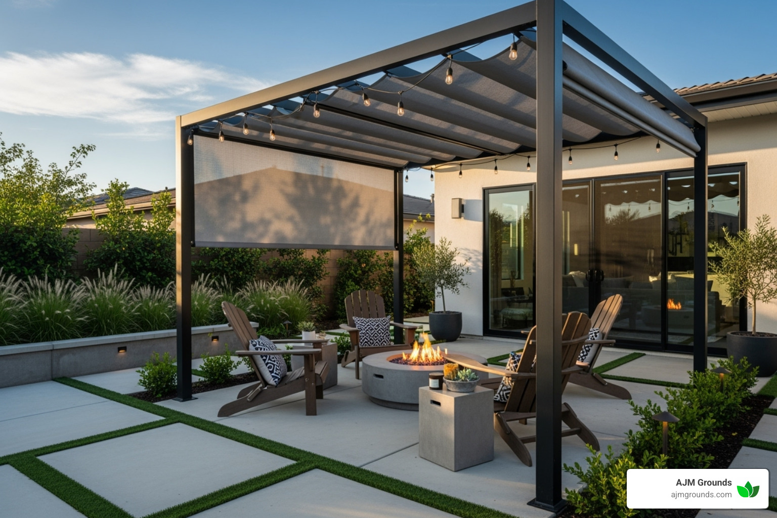 modern backyard with fire pit and pergola - New yard landscaping