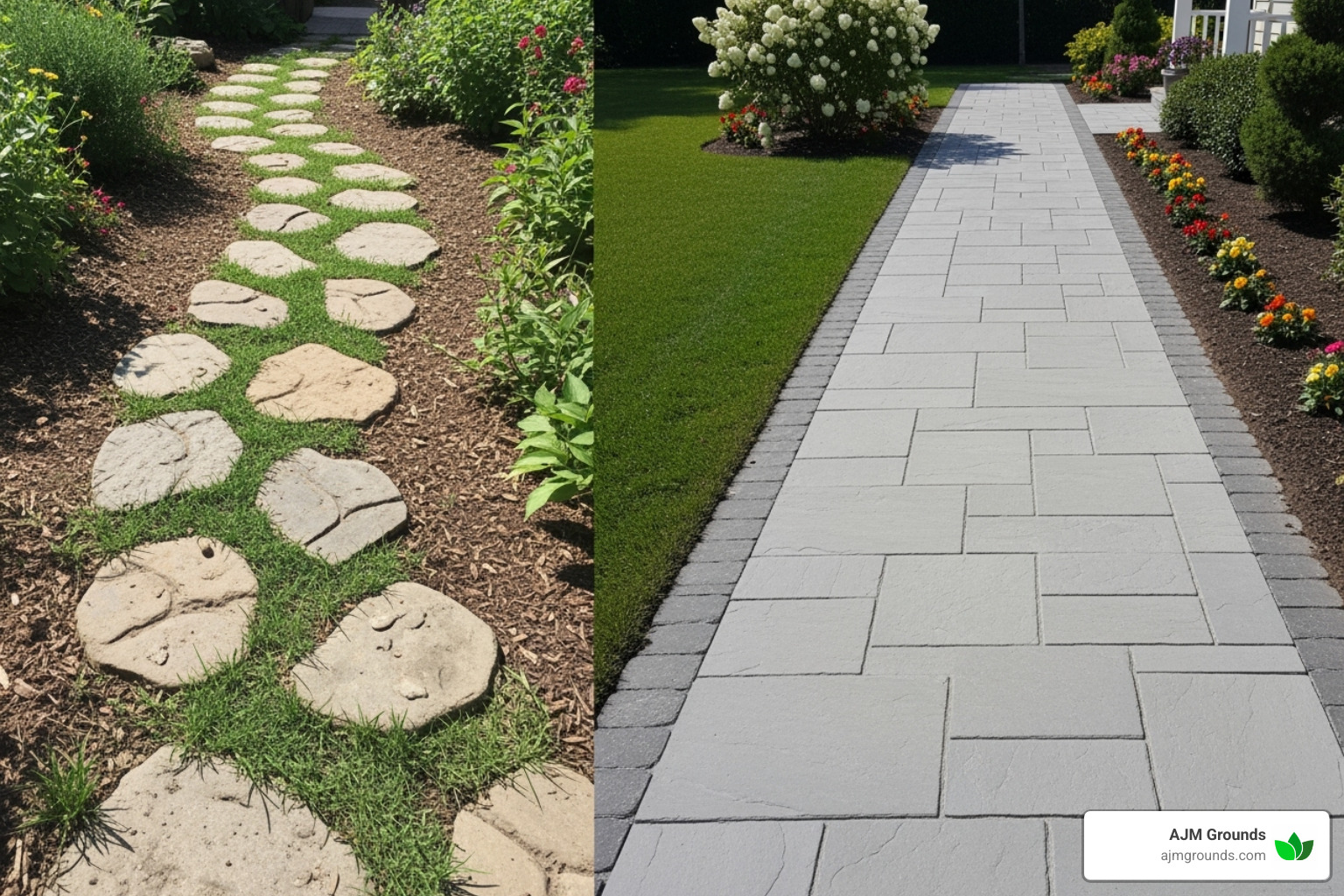 simple DIY garden path vs. professionally installed stone walkway - New yard landscaping