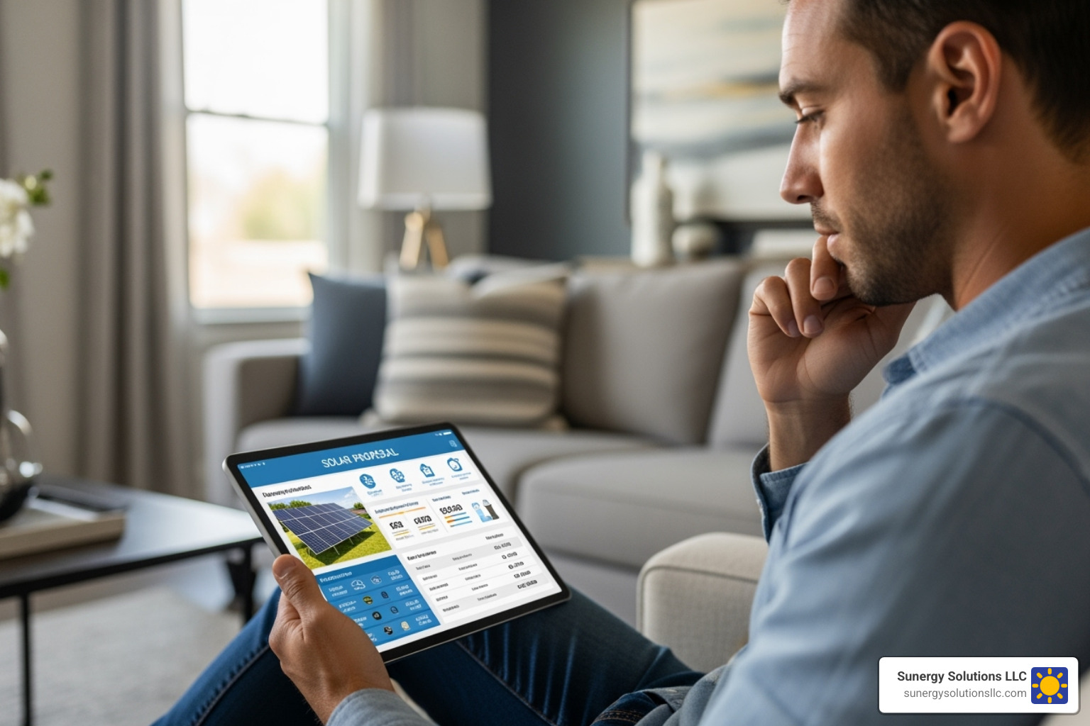 homeowner looking at a solar installation proposal on a tablet - solar energy installation near me homeowner looking at a solar installation proposal on a tablet - solar energy installation near me