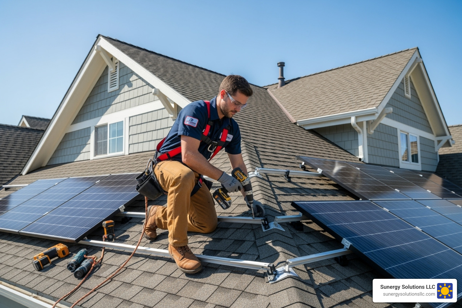 professional solar installer in uniform securing a panel on the roof of a US-style home - solar energy installation near me professional solar installer in uniform securing a panel on the roof of a US-style home - solar energy installation near me