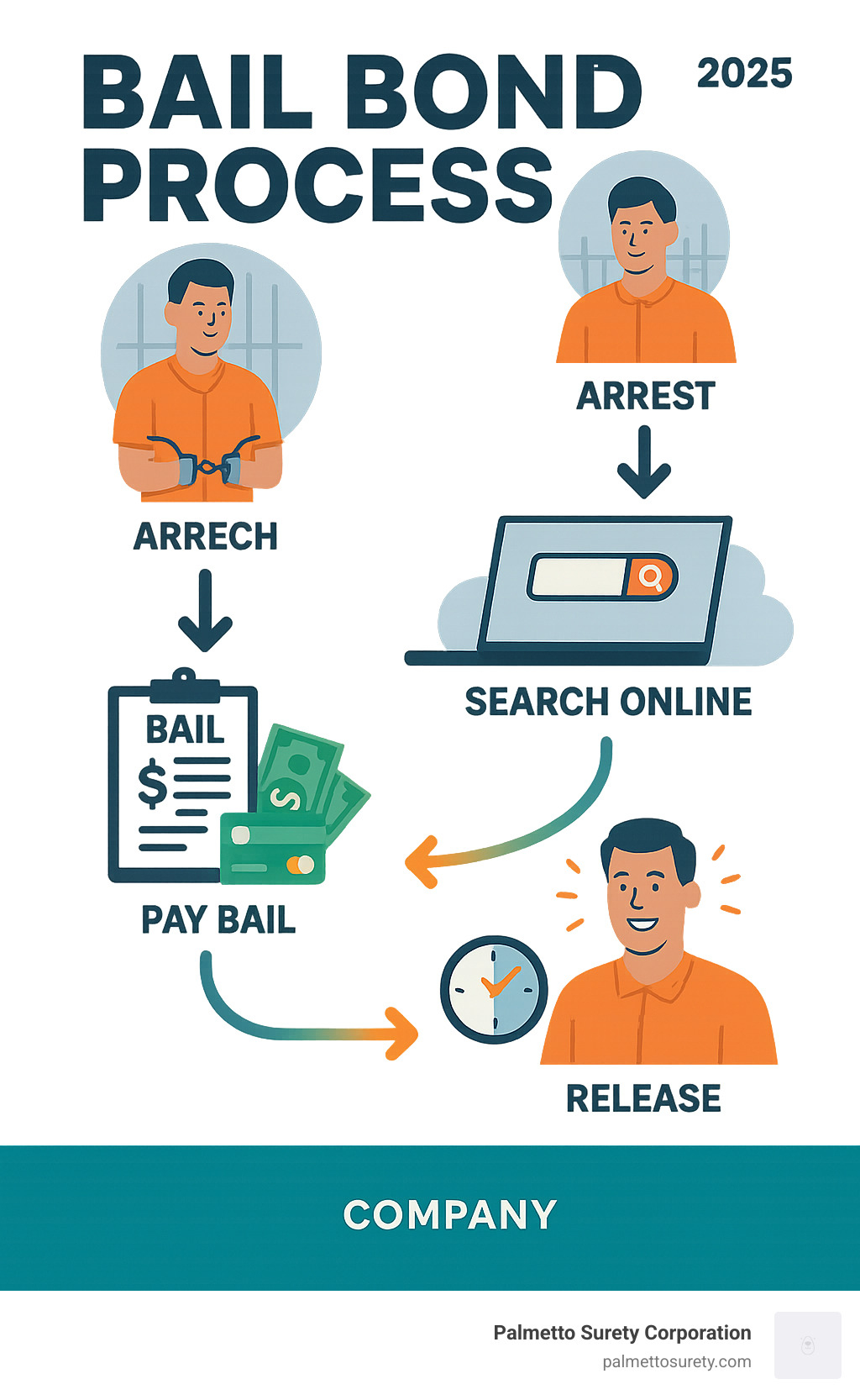 Infographic showing the step-by-step bail bond process from arrest to release, including online search steps, payment options, and timeline expectations for american bail system - where to check online for a bail bond infographic Infographic showing the step-by-step bail bond process from arrest to release, including online search steps, payment options, and timeline expectations for american bail system - where to check online for a bail bond infographic