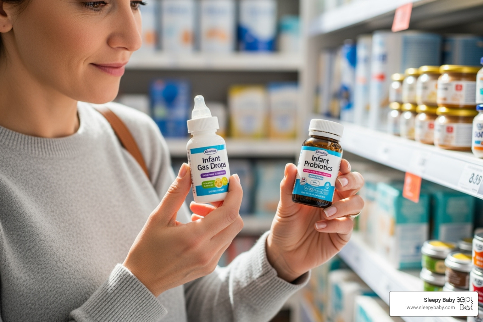A parent thoughtfully comparing a bottle of gas drops and a bottle of probiotics - gas drops vs probiotics