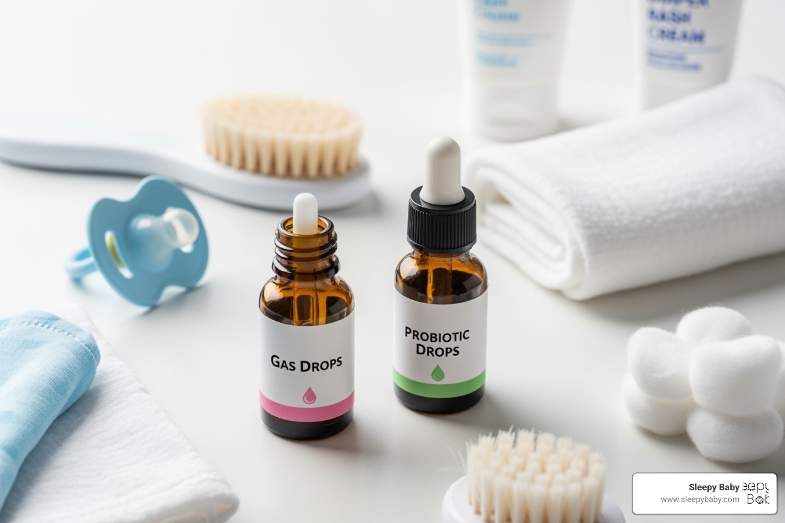 A neatly arranged set of baby care items including gas drops and probiotic drops - gas drops vs probiotics