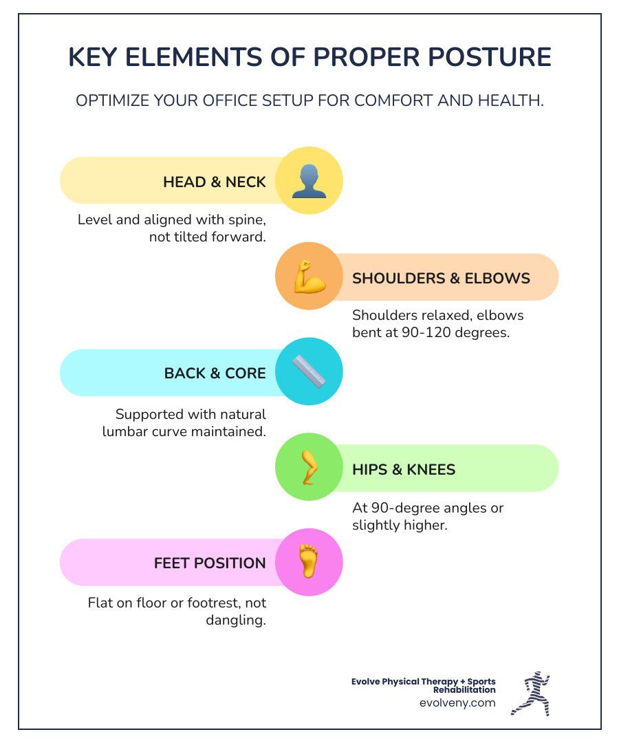 Comprehensive infographic showing proper office work posture from head to toe, including correct angles for elbows (90-120 degrees), monitor placement (arm's length away, top of screen at eye level), feet positioning (flat on floor), and spine alignment (natural curves maintained with lumbar support) - office work posture infographic infographic-line-5-steps-colors
