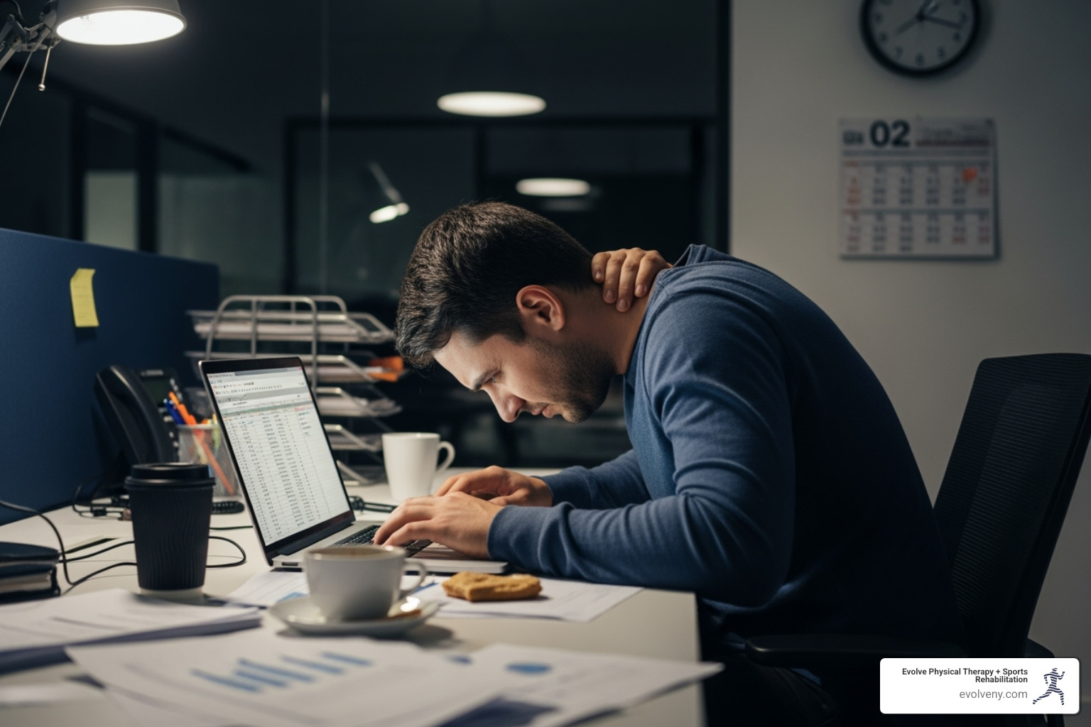 Person slouching at a desk, illustrating poor posture and its potential health consequences - office work posture