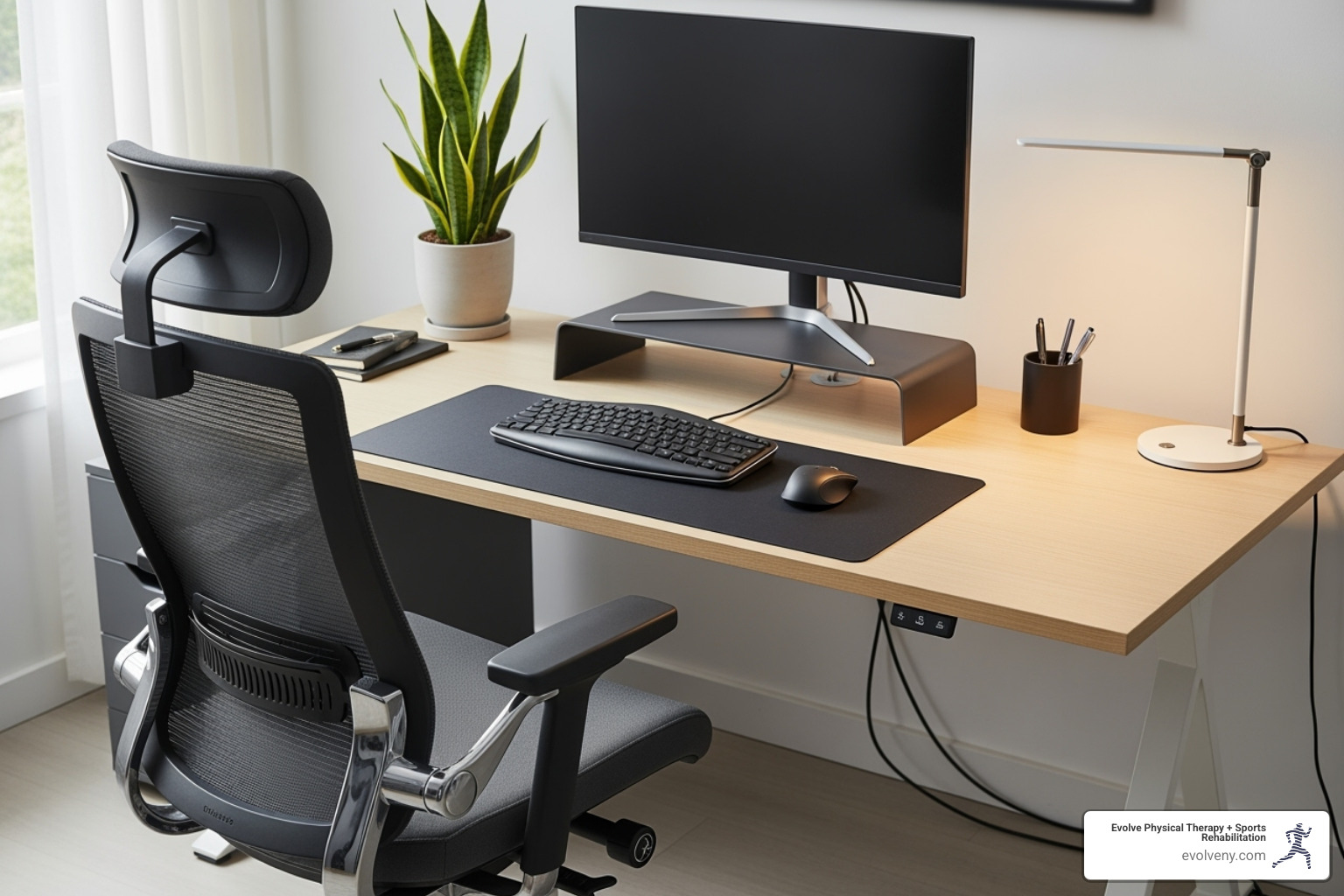 A well-organized ergonomic workstation featuring an adjustable chair, a clean desk with a monitor on a stand, and external keyboard and mouse, all positioned to support good posture - office work posture