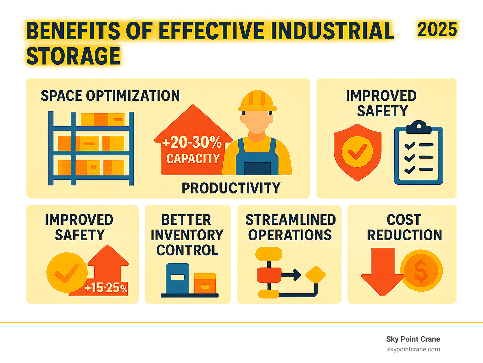 Benefits of effective industrial storage including space optimization with 20-30% capacity increase, productivity gains of 15-25%, improved safety through organized workflows, better inventory control, streamlined operations, and significant cost reduction through efficient space utilization - industrial storage solutions infographic 
