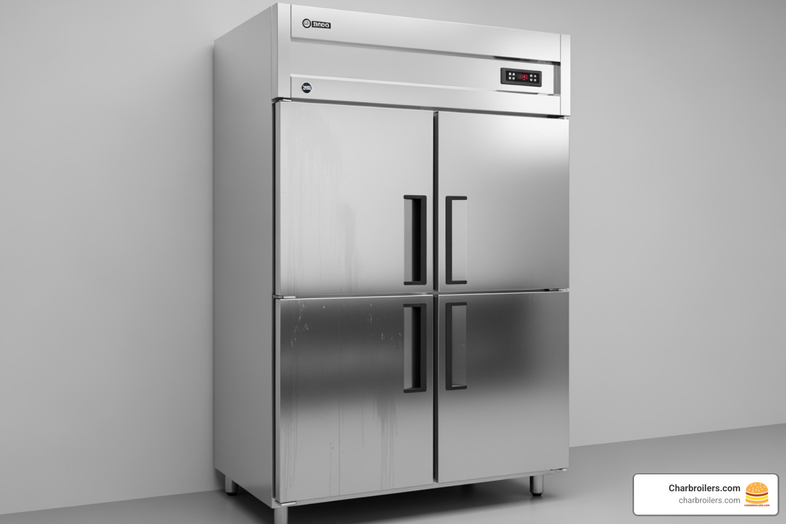 A stainless steel commercial reach-in refrigerator with two solid doors - commercial fridge and freezer A stainless steel commercial reach-in refrigerator with two solid doors - commercial fridge and freezer