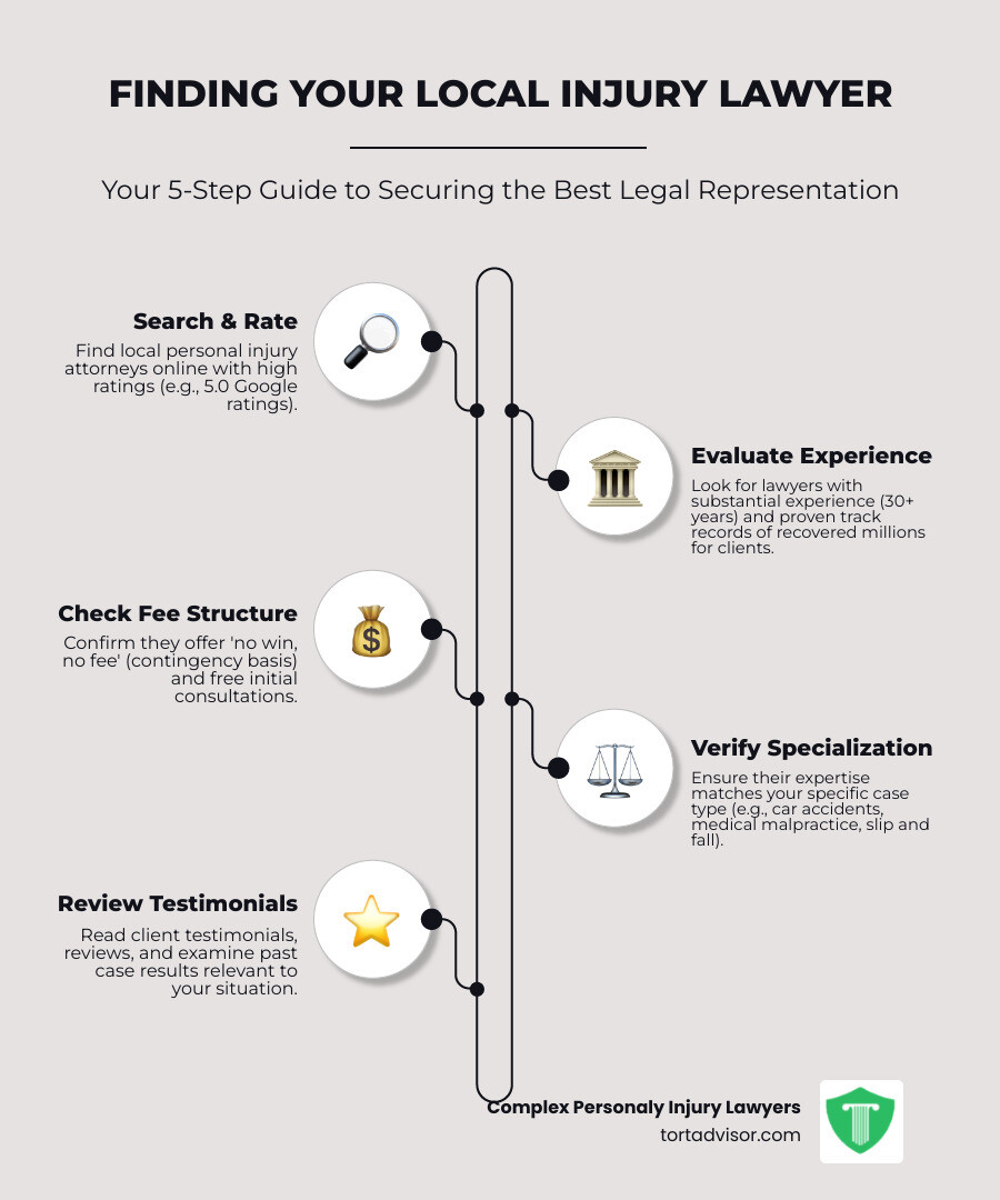 Comprehensive infographic showing the 5-step process for finding a local injury lawyer: Step 1 - Search for local attorneys with high ratings and proven track records, Step 2 - Verify they offer free consultations and no-win-no-fee guarantees, Step 3 - Check their specialization matches your case type (car accident, medical malpractice, slip and fall, etc.), Step 4 - Review client testimonials and recent case results, Step 5 - Schedule a free consultation to discuss your specific situation - injury lawyer close to me infographic infographic-line-5-steps-neat_beige