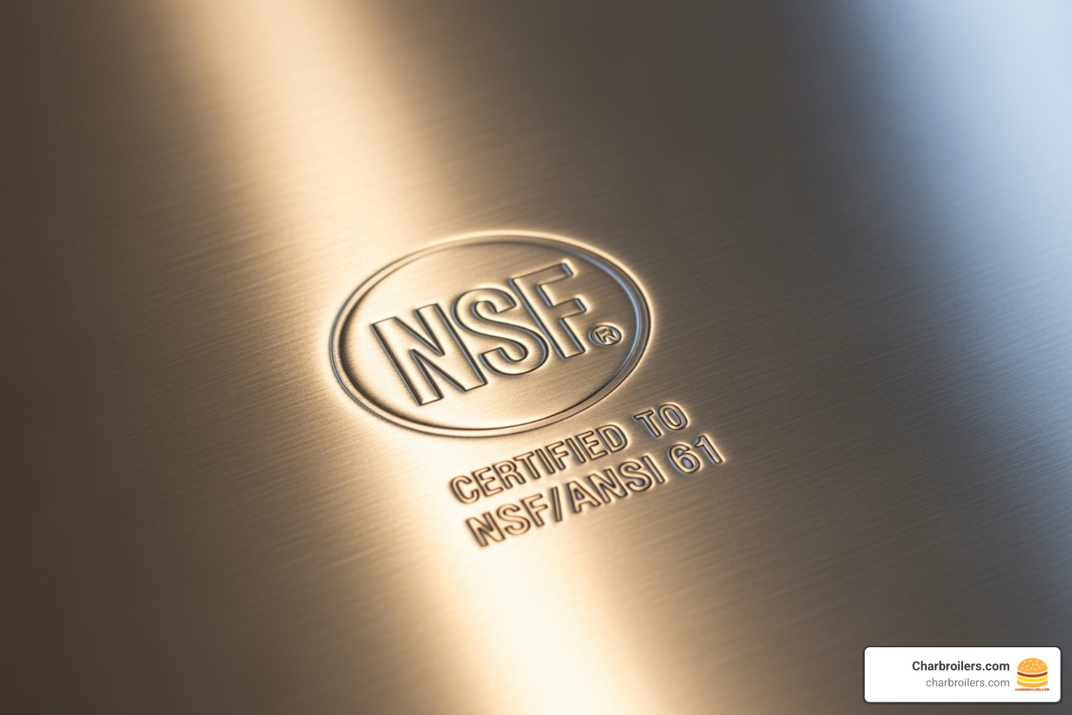 A close-up of an NSF certification logo stamped on a polished stainless steel surface, indicating compliance with public health standards - commercial fridge and freezer A close-up of an NSF certification logo stamped on a polished stainless steel surface, indicating compliance with public health standards - commercial fridge and freezer
