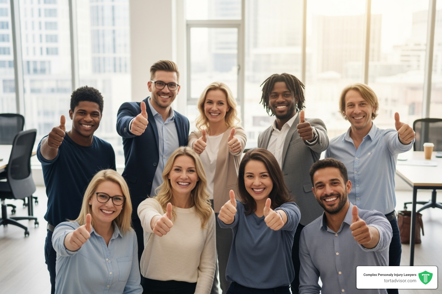 diverse group of smiling clients giving a thumbs-up - injury lawyer close to me