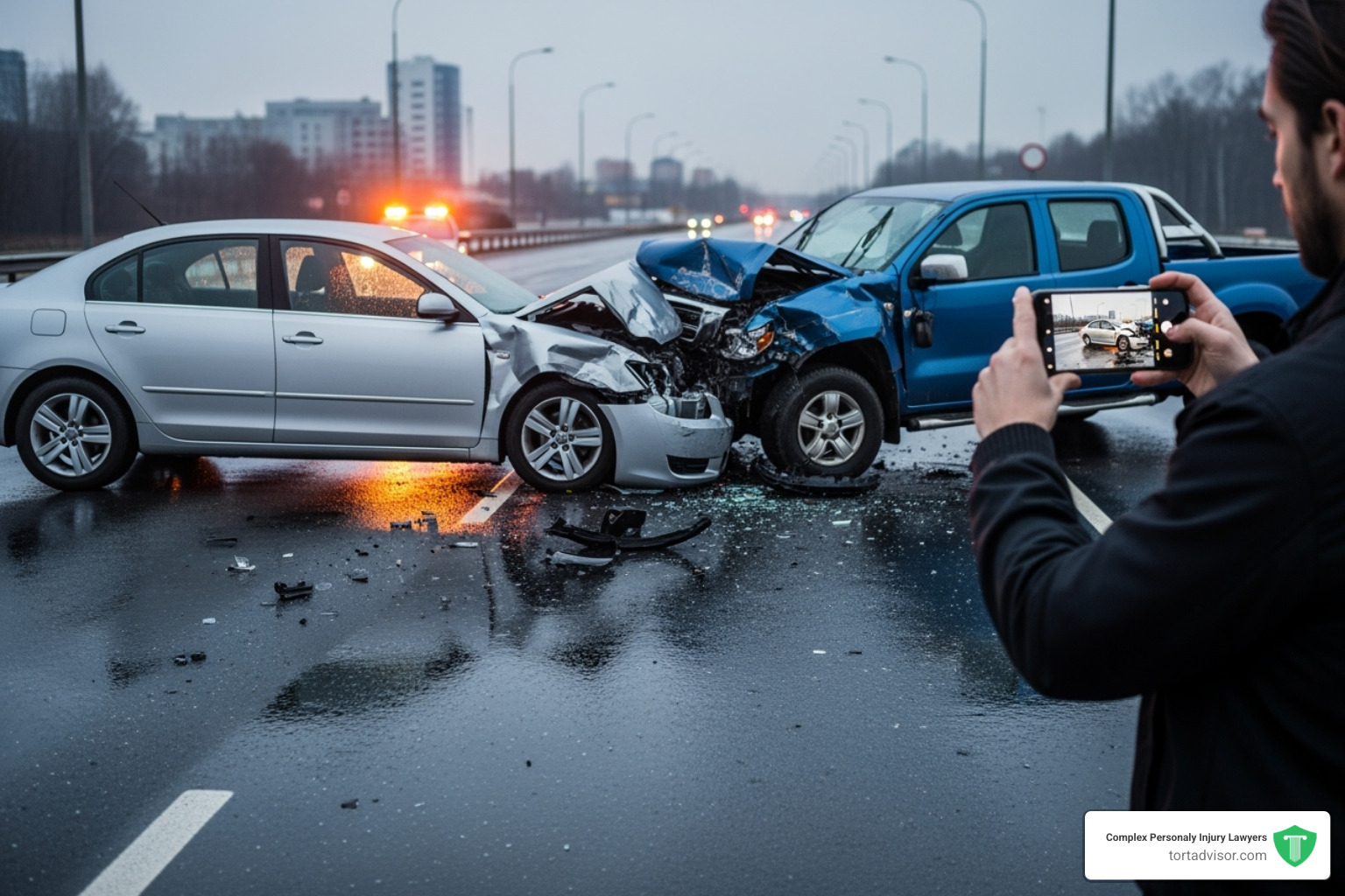 car accident scene with a person taking photos of the damage with their smartphone - injury lawyer close to me