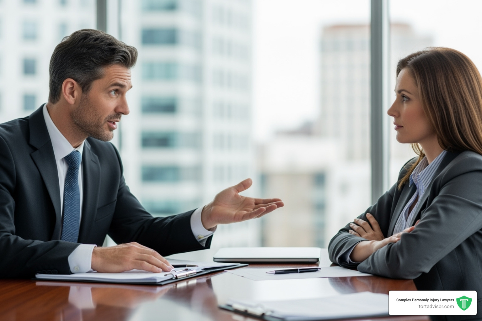 lawyer confidently speaking with an insurance representative on behalf of a client - injury lawyer close to me