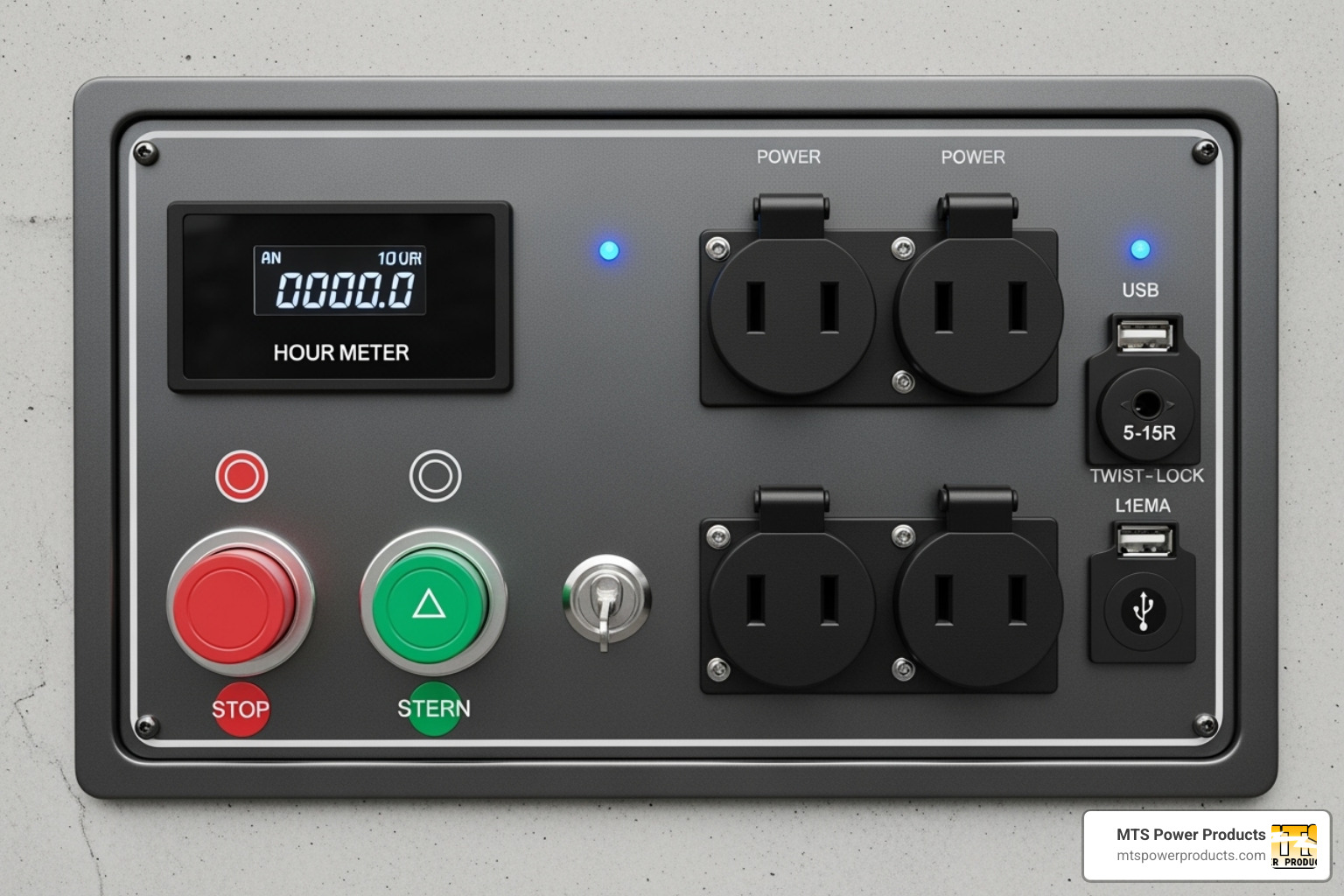 modern generator control panel showing multiple outlets and an hour meter - diesel portable generator for home use