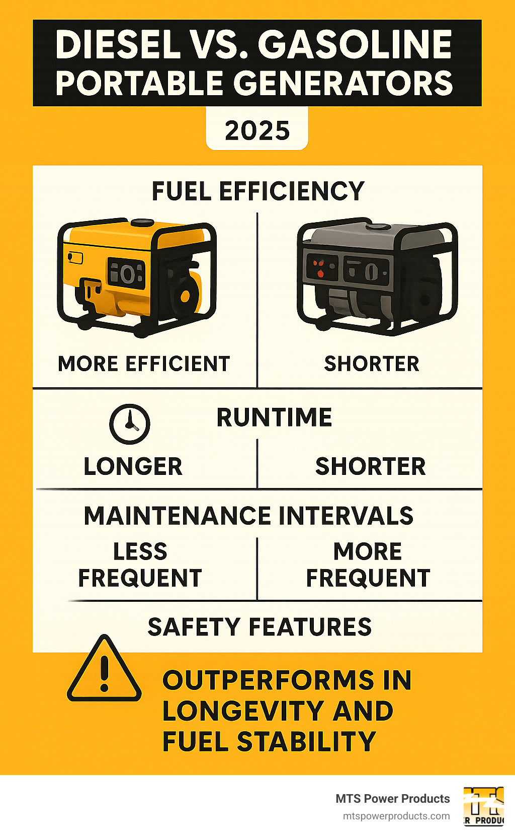 Infographic comparing diesel vs gasoline portable generators showing fuel efficiency, runtime, maintenance intervals, and safety features with diesel generators outperforming in longevity and fuel stability - diesel portable generator for home use infographic 