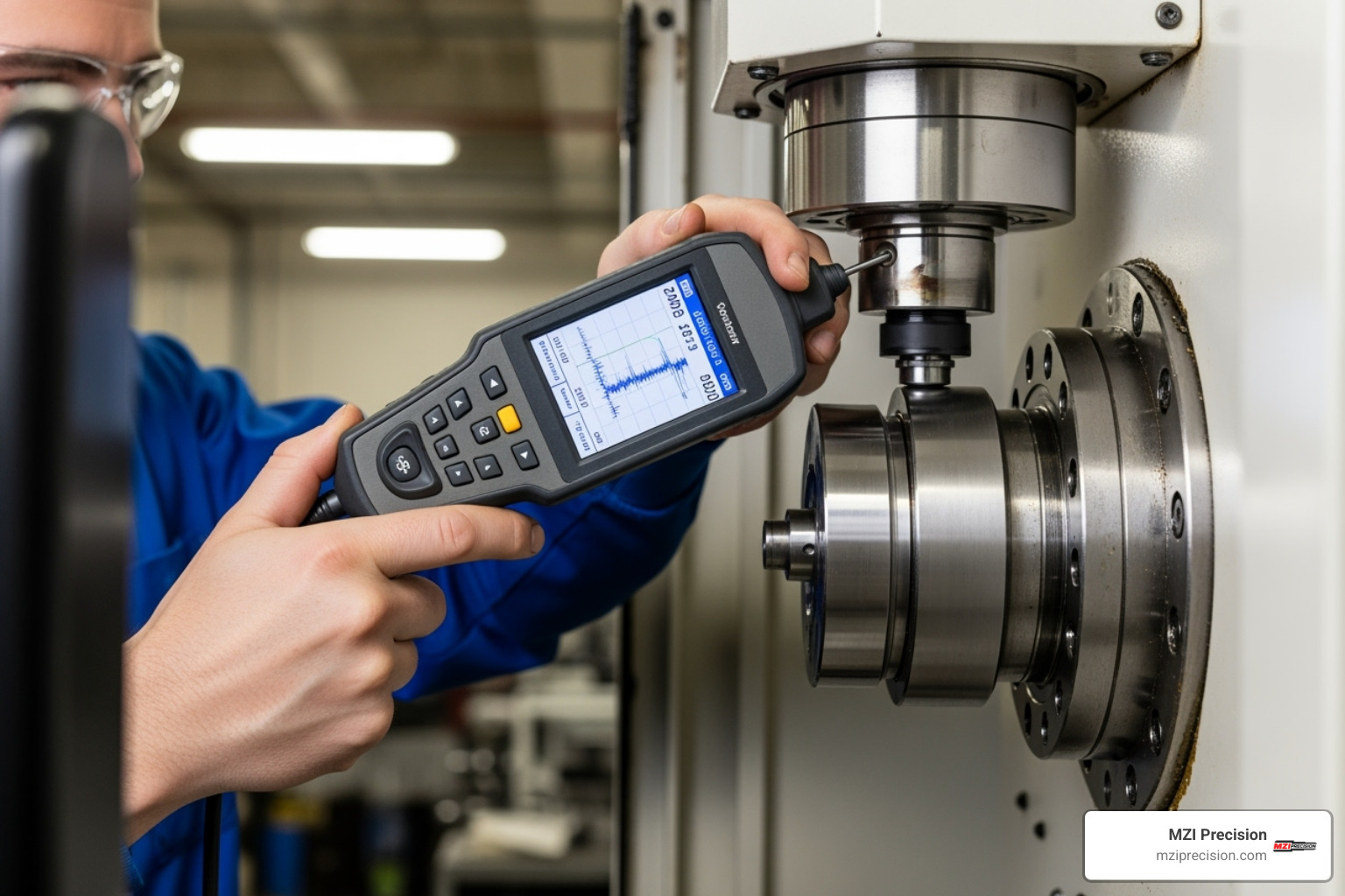 TECHNICIAN USING A VIBRATION ANALYSIS TOOL ON A CNC MACHINE SPINDLE - ON-SITE SPINDLE REPAIR TECHNICIAN USING A VIBRATION ANALYSIS TOOL ON A CNC MACHINE SPINDLE - ON-SITE SPINDLE REPAIR