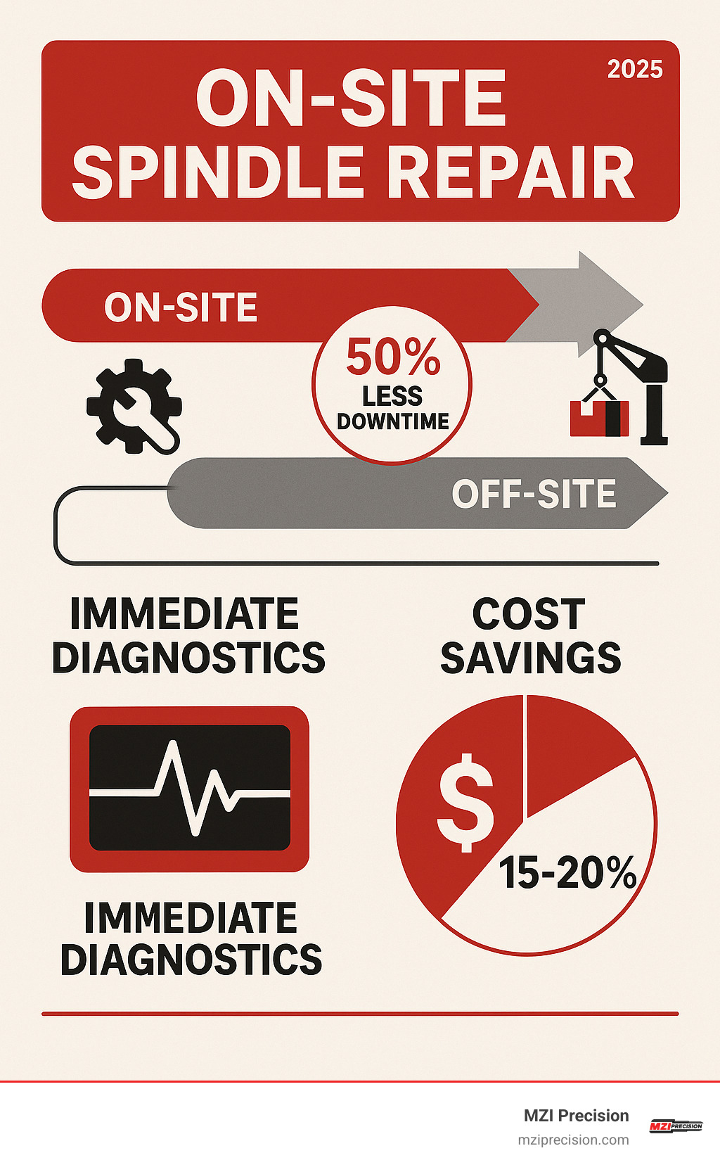 DETAILED INFOGRAPHIC SHOWING ON-SITE SPINDLE REPAIR PROCESS TIMELINE COMPARED TO TRADITIONAL OFF-SITE REPAIR, HIGHLIGHTING 50% DOWNTIME REDUCTION, ELIMINATION OF SHIPPING DELAYS, IMMEDIATE DIAGNOSTICS CAPABILITIES, AND COST SAVINGS BREAKDOWN - ON-SITE SPINDLE REPAIR INFOGRAPHIC DETAILED INFOGRAPHIC SHOWING ON-SITE SPINDLE REPAIR PROCESS TIMELINE COMPARED TO TRADITIONAL OFF-SITE REPAIR, HIGHLIGHTING 50% DOWNTIME REDUCTION, ELIMINATION OF SHIPPING DELAYS, IMMEDIATE DIAGNOSTICS CAPABILITIES, AND COST SAVINGS BREAKDOWN - ON-SITE SPINDLE REPAIR INFOGRAPHIC