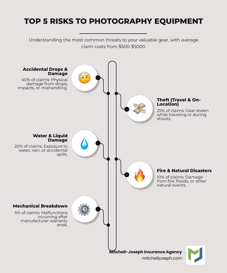Infographic showing the top 5 risks to photography equipment: 1. Accidental drops and physical damage (40% of claims), 2. Theft during travel or on location (25% of claims), 3. Water and liquid damage from weather or spills (20% of claims), 4. Fire and natural disasters (10% of claims), 5. Mechanical breakdown after warranty expires (5% of claims). Includes icons for each risk type and statistics on average claim costs ranging from $500-$5000 - photography equipment insurance infographic infographic-line-5-steps-neat_beige Infographic showing the top 5 risks to photography equipment: 1. Accidental drops and physical damage (40% of claims), 2. Theft during travel or on location (25% of claims), 3. Water and liquid damage from weather or spills (20% of claims), 4. Fire and natural disasters (10% of claims), 5. Mechanical breakdown after warranty expires (5% of claims). Includes icons for each risk type and statistics on average claim costs ranging from $500-$5000 - photography equipment insurance infographic infographic-line-5-steps-neat_beige
